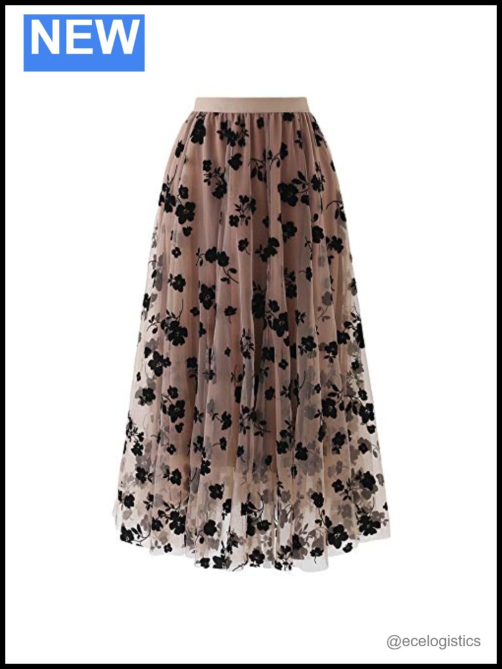 Double-Layered Mesh Midi Skirt Floral A-Line Lightweight